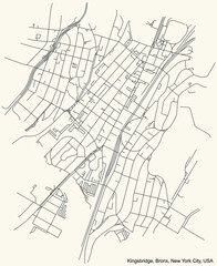 Fototapeta na wymiar Black simple detailed street roads map on vintage beige background of the quarter Kingsbridge neighborhood of the Bronx borough of New York City, USA