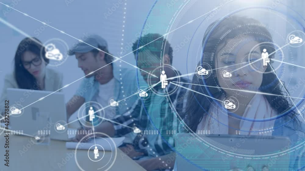 Poster animation of network of connections with icons and scope scanning over team of people in office