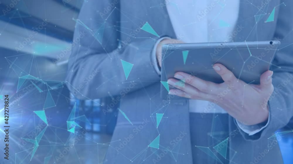 Aufkleber animation of network of connections over man using tablet