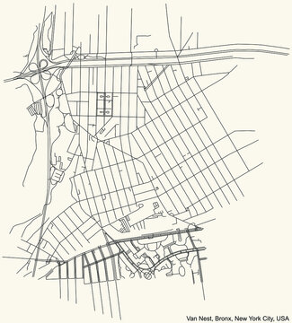Black simple detailed street roads map on vintage beige background of the quarter Van Nest neighborhood of the Bronx borough of New York City, USA