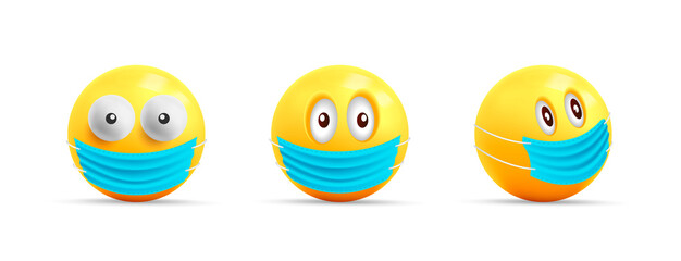 Set of yellow faces, 3d spheres with face mask, coronovirus smiley faces with only eyes