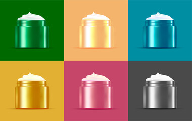 Set of realistic cream jar 3d mockups, different colors on same color background, open with cream shape