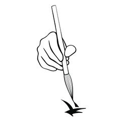 vector line art illustration of a hand holding a brush for Chinese calligraphy isolated on white background. can be used to advertise courses in traditional calligraphy, schools of oriental cultures.