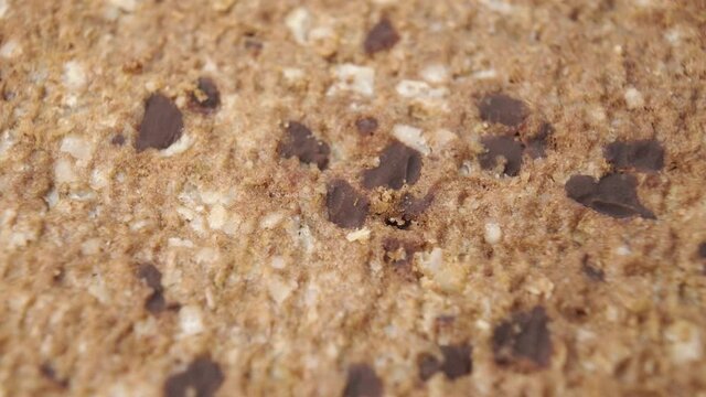 Textured surface of oatmeal cookies with chocolate pieces. Rotation. Macro shooting