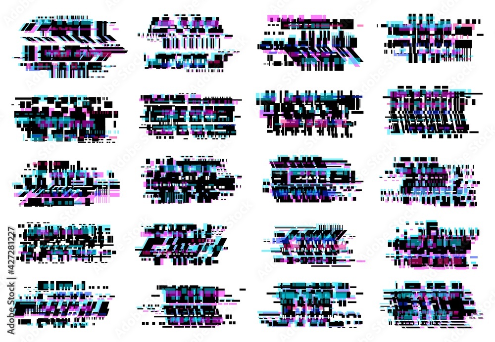 Fototapete glitch effect vector icons, abstract glitched distortion with colored stripes and random pixels. tel