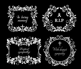 Funeral vector frames, isolated wreaths of floral design with crosses, leaves and flourishes. Mourning condolence cards. Obituary mournful funereal monochrome memorial borders, laurel wreath