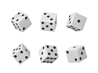 Gambling game dice realistic vector set of casino craps, poker and tabletop board games Isolated white play dice cubes with black dots or pips in different positions, entertainment