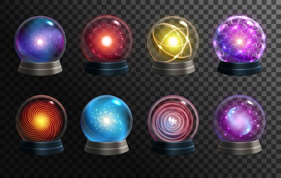 Magic crystal balls on transparent background, vector globes of fortune teller, oracle and Halloween wizard. Realistic 3d glass spheres or glowing orbs with magical lights, circles and mystery glow