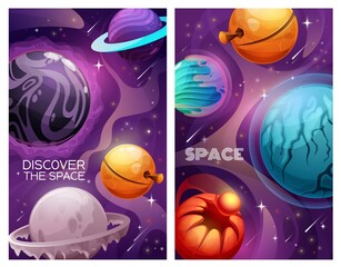 Planets and stars in space. Alien galaxy universe vector banners. Cartoon planets of fantasy solar system with flying asteroids, comets and orbit rings, colorful surfaces of ice, craters and cracks