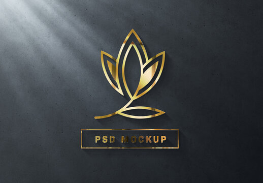 Gold Logo Mockup on Dark Wall with 3D Glossy Effect