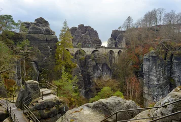 Bastei, Germany ways and platforms on rock formation at the Elbe Sandstone Mountains