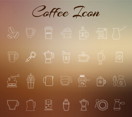 Coffee cafe mocha drink white line icon set on blur background