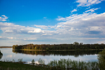 classic spring landscape, trees reflected in the water surface of a calm lake