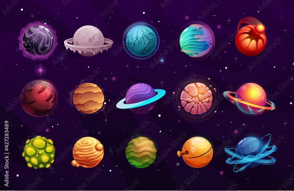 Poster Planets of alien or fantasy space cartoon vector space game ui. User interface elements of another world universe galaxy space planets and stars with frozen ice, orbits, satellites and craters