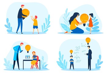 Idea concept, creative solution, technology light, innovation work brainstorming, design, cartoon style vector illustration.