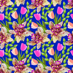 Primula. leaves and tulips, abstract seamless pattern.
