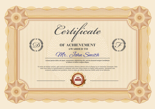 Professional achievement certificate or diploma vector template. Graduation, business success or victory congratulation document with guilloche ornate frame or border, seal and calligraphy