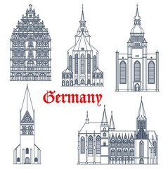 Naklejka premium Germany landmark buildings architecture, vector icons of gothic churches and cathedrals. Germany landmark of St Michael and John church Luneburg, Oppenheim Katharinenkirche and Gewandhaus Braunschweig