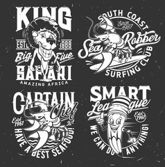 T-shirt prints with lobster, lion and pencil vector mascots. Surfing and safari club, smart league and seafood restaurant. T shirt emblems for sport team apparel design templates, isolated label set