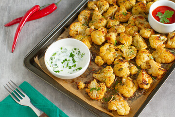 Roasted cauliflower in a tray with different sauces