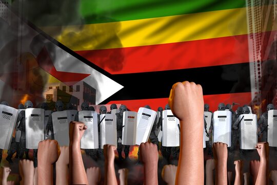 Protest In Zimbabwe - Police Officers Stand Against The Angry Crowd On Flag Background, Riot Stopping Concept, Military 3D Illustration