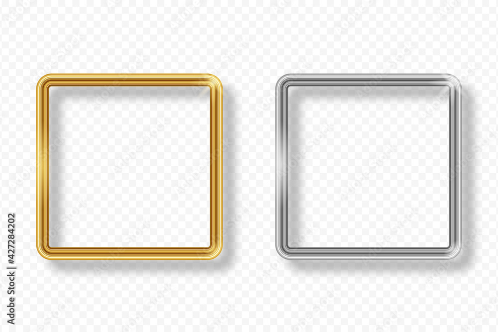 Aufkleber Set of gold and silver square frame on transparent background with shadow. Golden and silver 3d realistic geometric rectangular border with glow shine and light effect. Vector illustration.