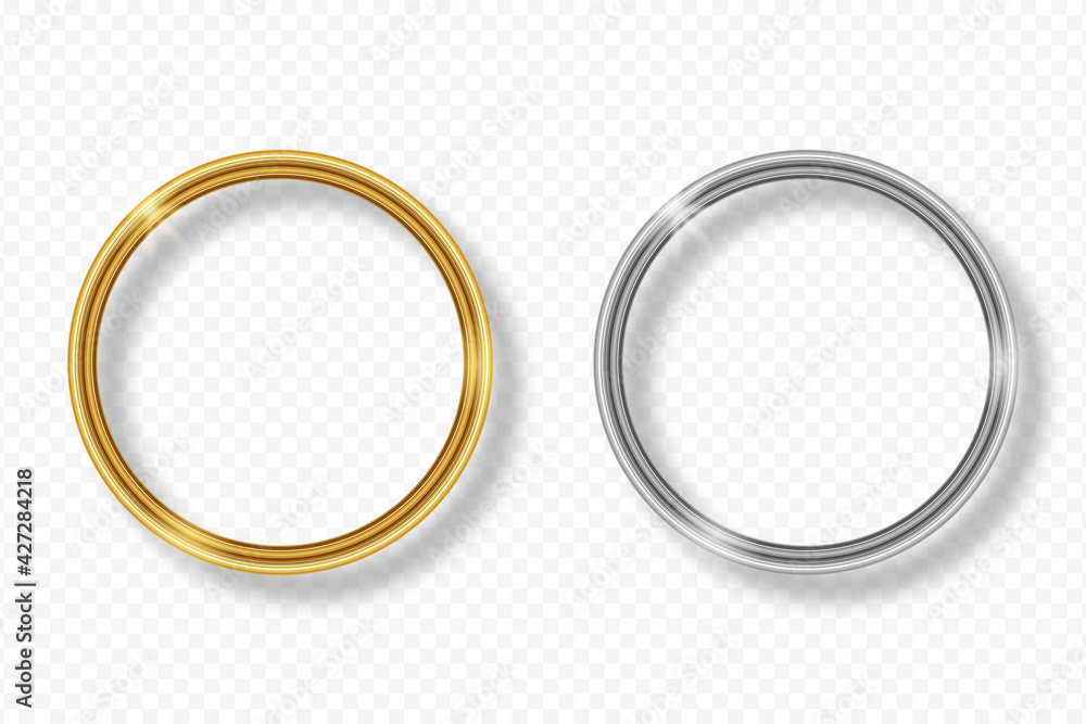 Aufkleber set of gold and silver round frame on transparent background with shadow. golden and silver 3d reali