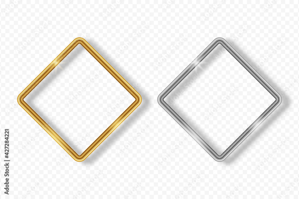Aufkleber Set of gold and silver rhombus frame on transparent background with shadow. Golden and silver 3d realistic geometric rectangle border with glow shine and light effect. Vector illustration.