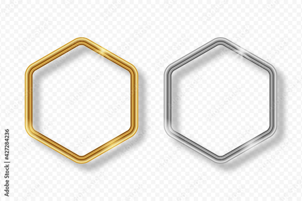 Aufkleber set of gold and silver hexagonal frame on transparent background with shadow. golden and silver 3d r