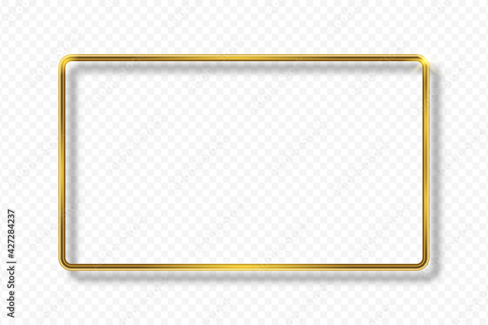 Aufkleber Golden rectangle frame on transparent background with shadow. Gold 3d geometric rectangular border with glow shine and light effect. Vector illustration.