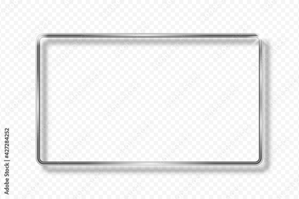 Leinwandbilder Silver rectangle frame on transparent background with shadow. Silver 3d geometric rectangular border with glow shine and light effect. Vector illustration.