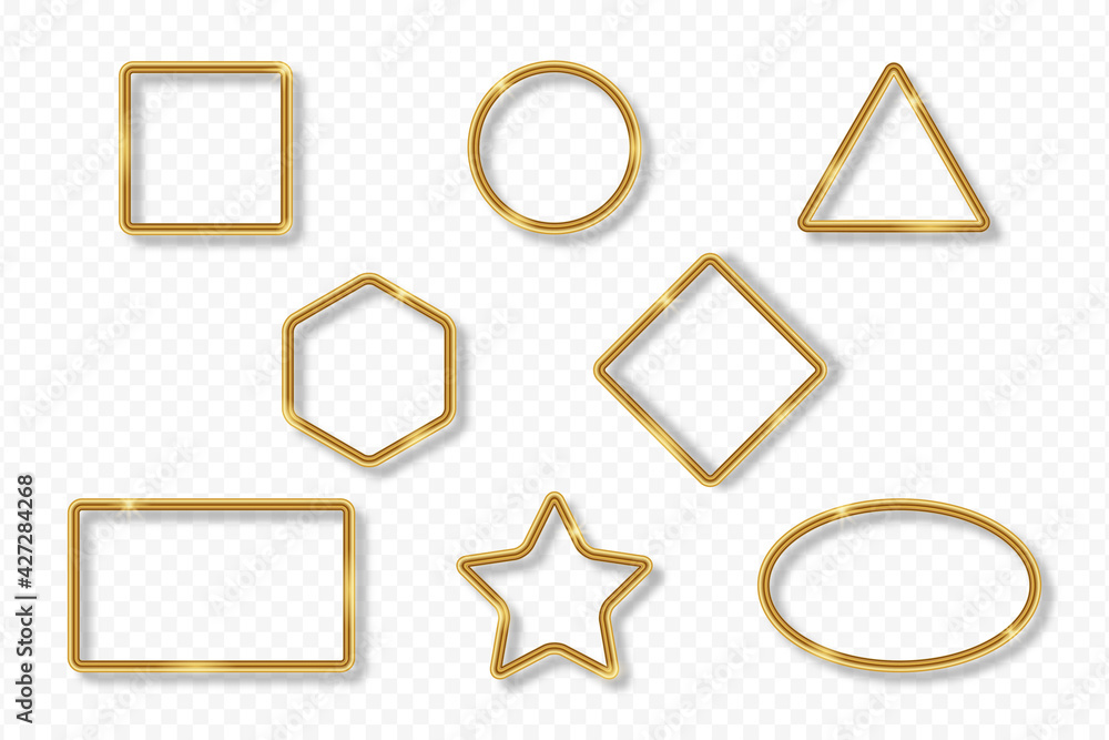 Poster Set of gold frames on transparent background with shadow. Golden 3d realistic geometric borders in different shapes with glow shine and light effect. Vector illustration.