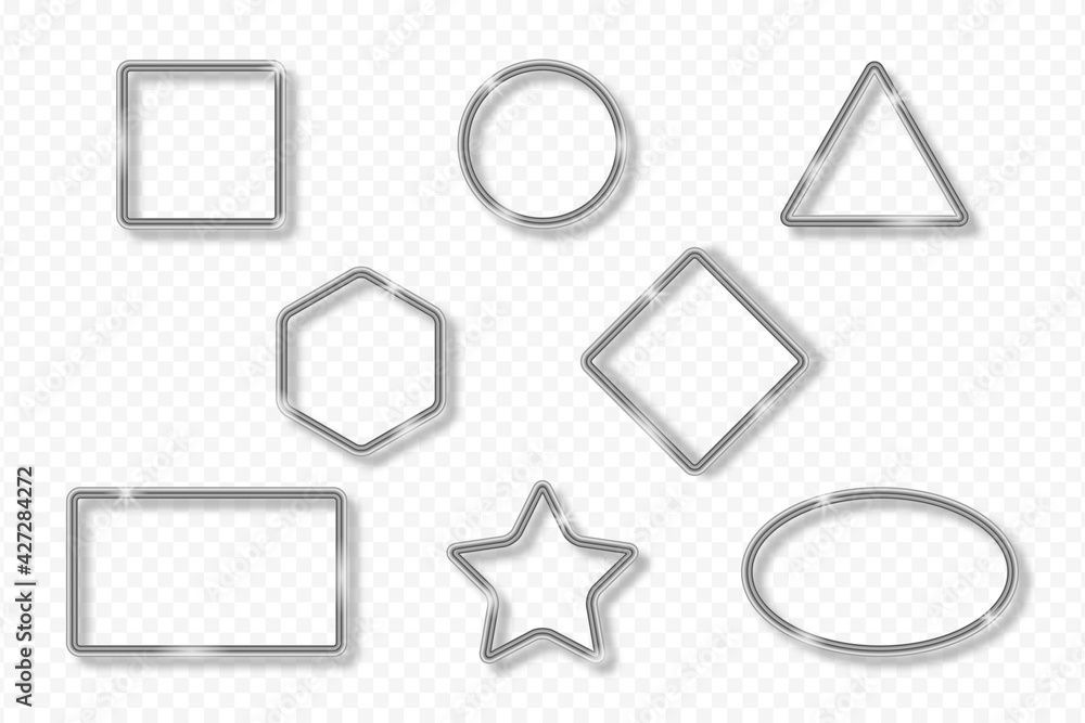 Aufkleber Set of silver frames on transparent background with shadow. Silver 3d realistic geometric borders in different shapes with glow shine and light effect. Vector illustration.