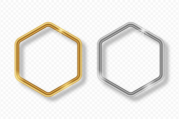 Set of gold and silver hexagonal frame on transparent background with shadow. Golden and silver 3d realistic geometric hexagon border with glow shine and light effect. Vector illustration.