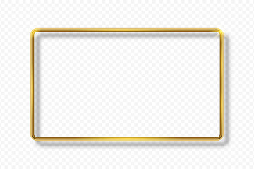Golden rectangle frame on transparent background with shadow. Gold 3d geometric rectangular border with glow shine and light effect. Vector illustration.