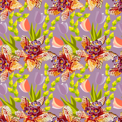 Naklejka na ściany i meble Primula. leaves and tulips, abstract seamless pattern.