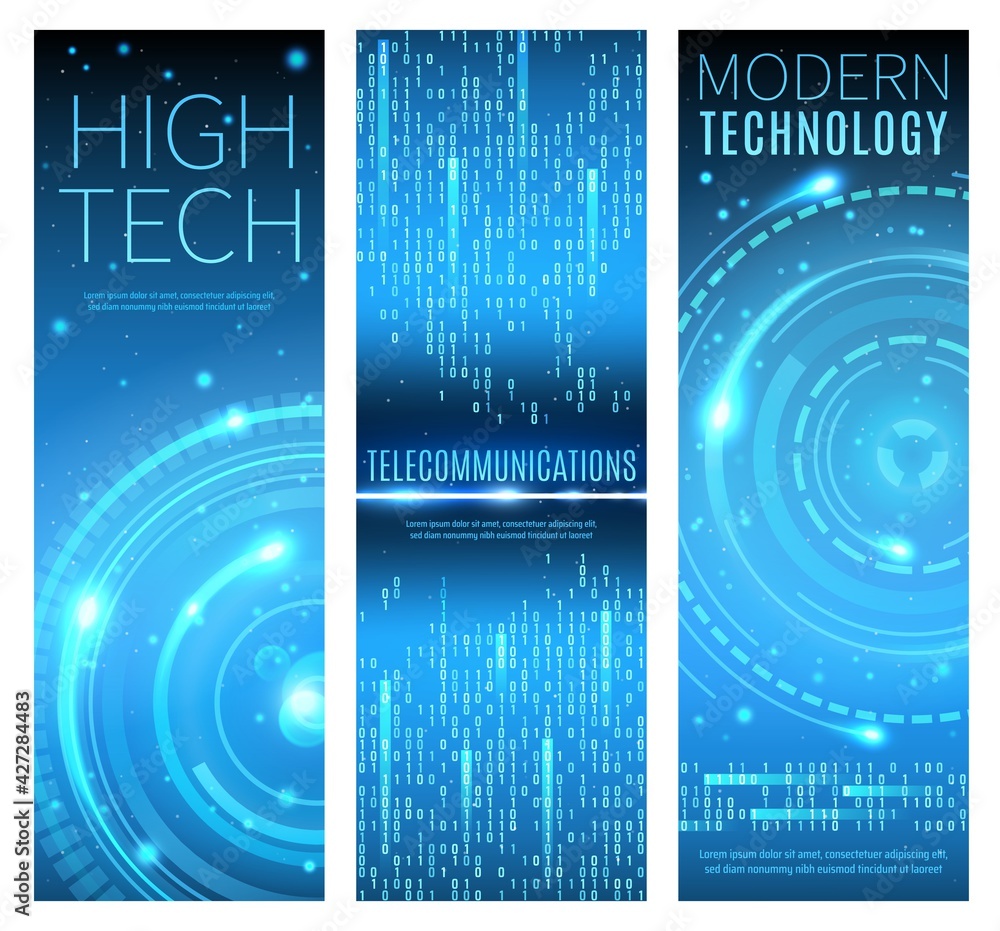 Poster future modern technology, high tech and telecommunication abstract vector banners. digital data, inf