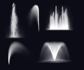 Fountain water jets and splashes, isolated realistic 3d vector waterfall and stream spray. Fountain water jets silhouettes, dancing fountain cascade or geyser and spring eruption - obrazy, fototapety, plakaty