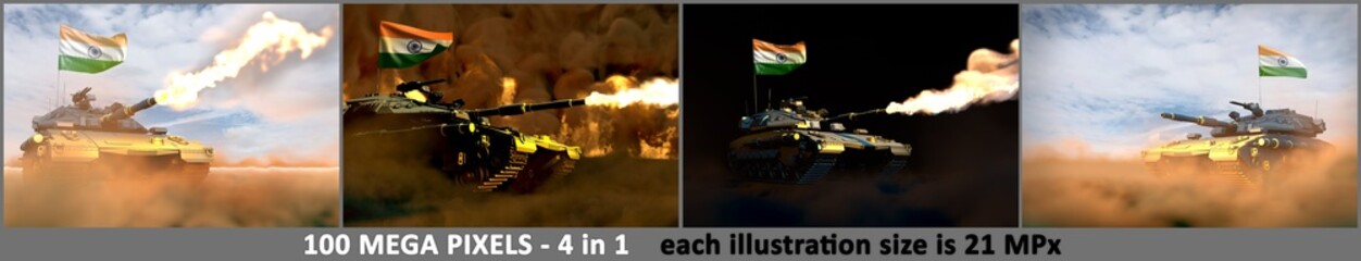4 high resolution illustrations of heavy tank with not existing design and with India flag - India army concept, military 3D Illustration