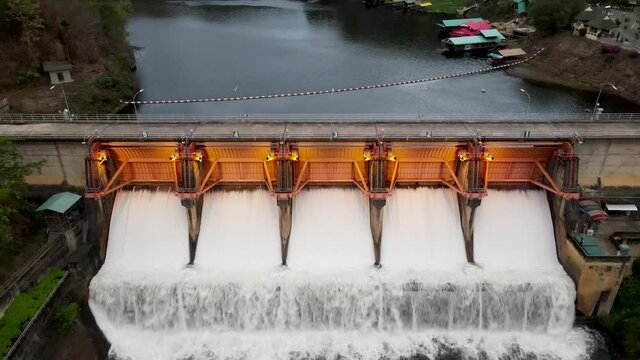 Beautiful Scenery evening aerial view Kiew Lom Dam, Lampang, Thailand, Water management concept.