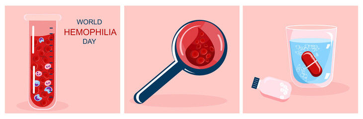 World Hemophilia Day horizontal banner. Hematology. Coagulation factor and blood clotting problem.Leukosis or anemia illustration.Human sick cells in tube,magnifier and glass of water with pill.Vector