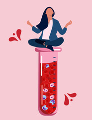 World Hemophilia Day concept.Woman meditates on laboratory beaker or tube with blood full off cells.Coagulation and blood clotting problem.Acceptance cancer, control of disease.Leukosis illustration