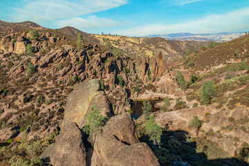 Rock formations in Pinnacles National Park in California, the destroyed remains of an extinct...