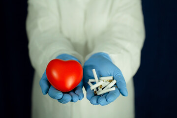 The heart and the cigarettes are in the doctor's hands. The concept of cardiology and healthcare.
