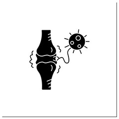 Joint pain glyph icon.Covid molecule attacking joints.Concept of corona virus disease system health effects, arthritis and high fever symptoms.Filled flat sign. Isolated silhouette vector illustration