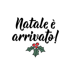 Translation from Italian: Christmas is here. Vector illustration. Lettering. Ink illustration.