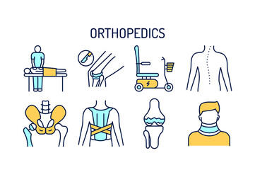 Orthopedics line color icons set. Rehabilitation after injuries. Isolated vector element.