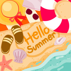 Beach Scene With Summer Objects Collection and Hand Draw Letter On Sand