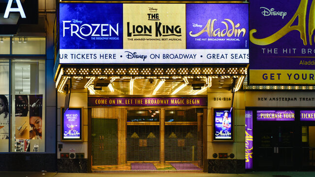 Disney On Broadway: Advertisement Of The Lion King, Aladdin, And Frozen In A Theater, New York, USA