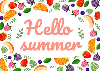 Hello summer lettering with raspberry, blackberry, strawberry, blueberry, peach, orange, monstera leaves and greenery. Vector cartoon elements of berries and fruits. Illustration postcard. Pink text.